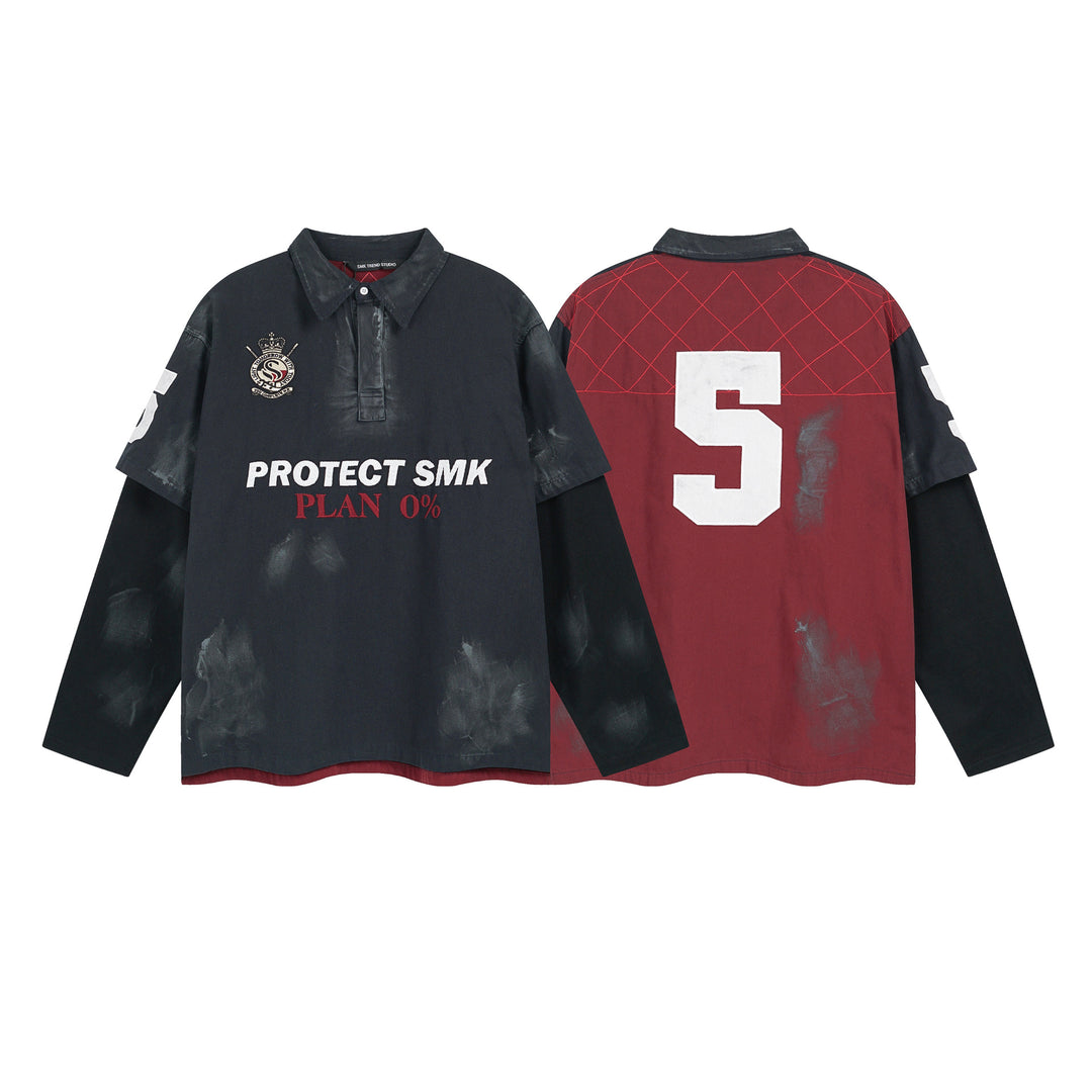 Fake two heavy-duty embroidered polo collar hoodies
