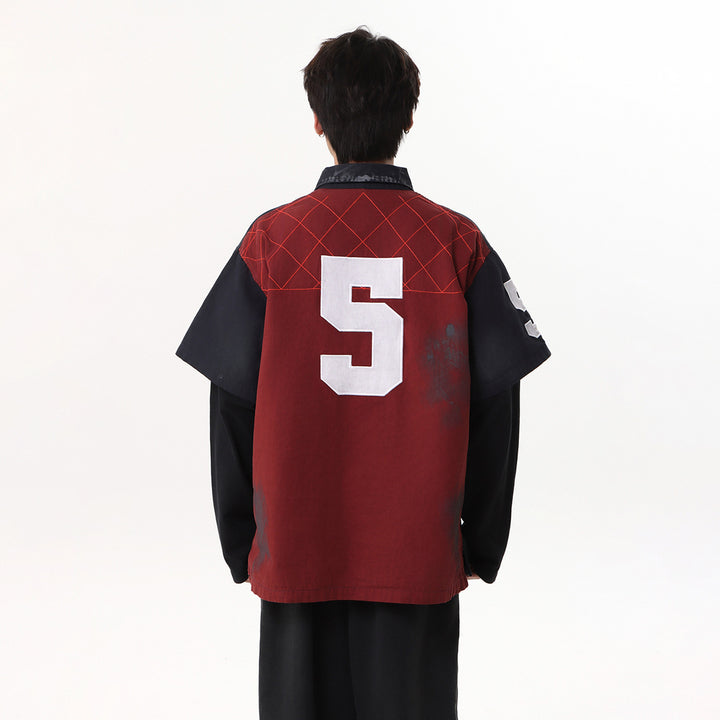 Fake two heavy-duty embroidered polo collar hoodies