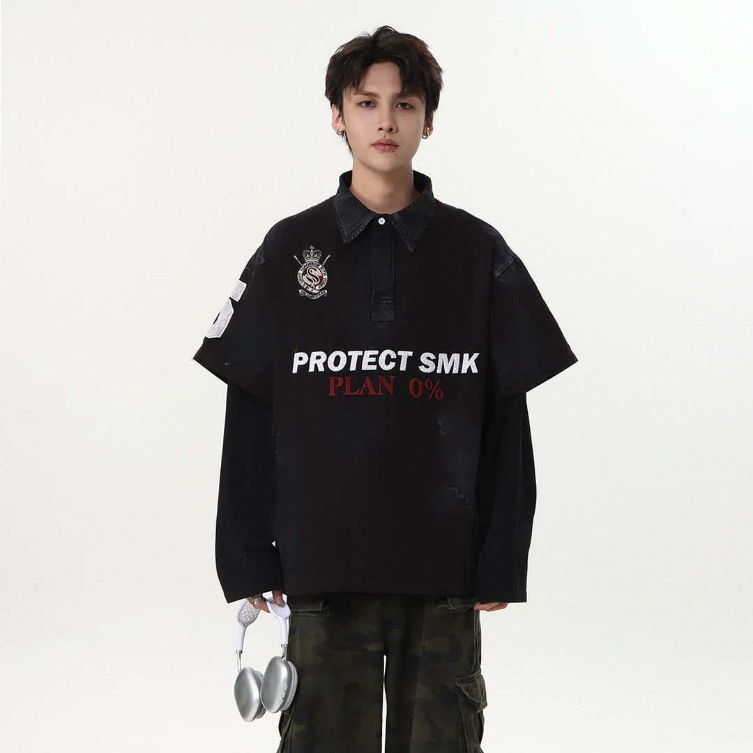 Fake two heavy-duty embroidered polo collar hoodies