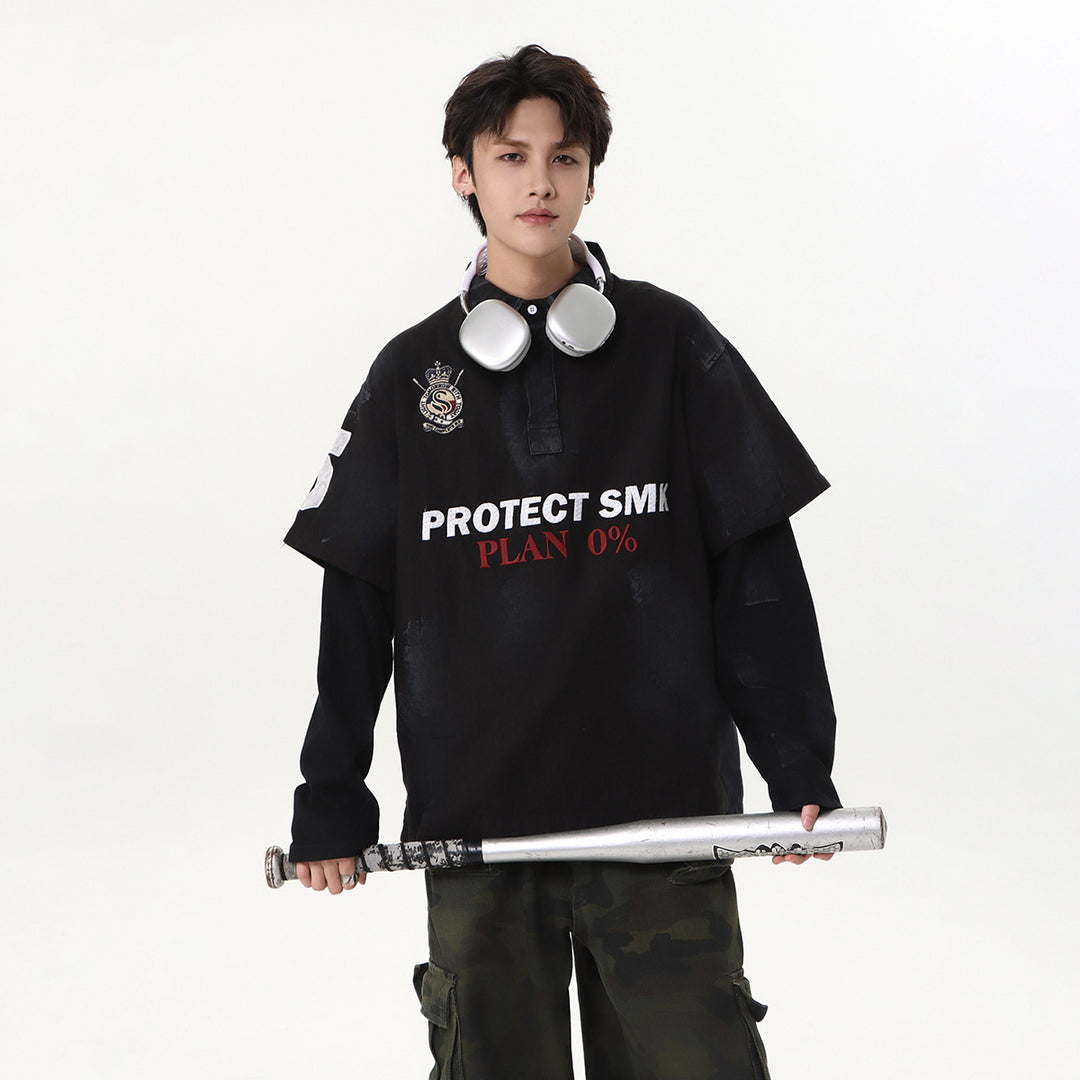 Fake two heavy-duty embroidered polo collar hoodies