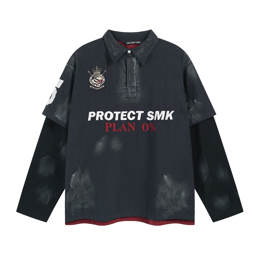 Fake two heavy-duty embroidered polo collar hoodies