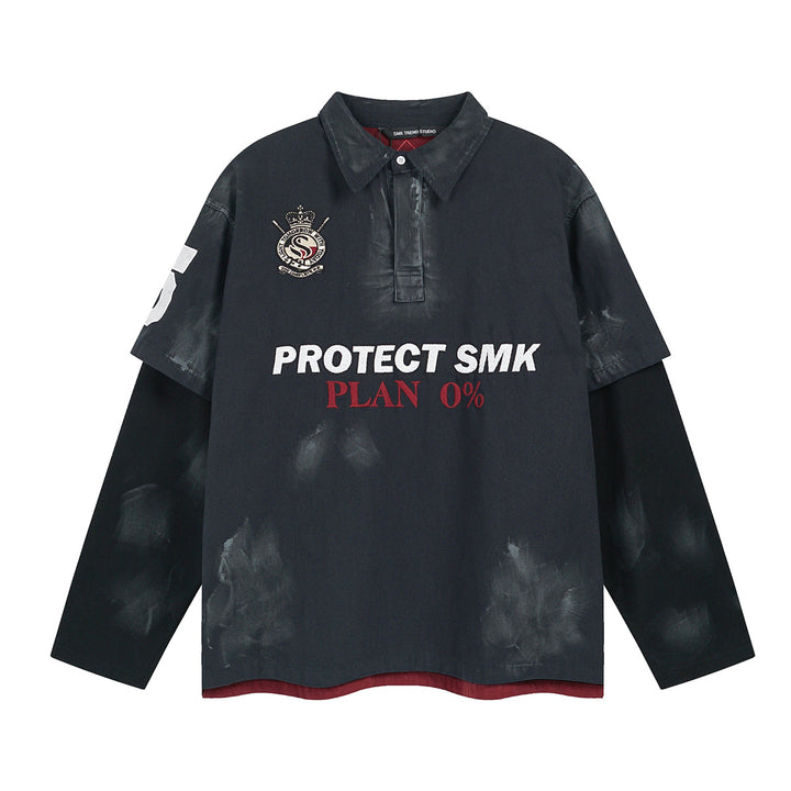 Fake two heavy-duty embroidered polo collar hoodies