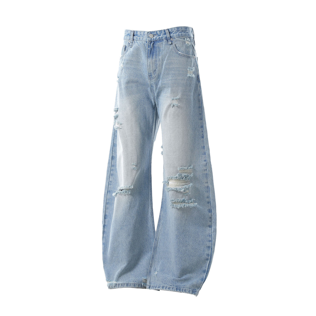 Washed Blue Premium Distressed Design Loose Tapered Jeans for Men
