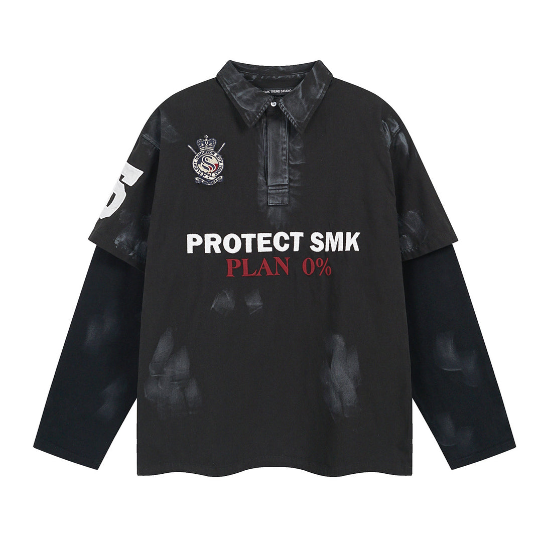 Fake two heavy-duty embroidered polo collar hoodies