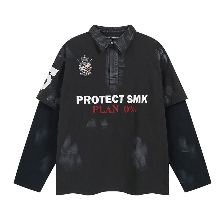Fake two heavy-duty embroidered polo collar hoodies