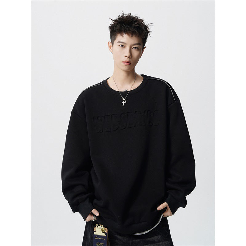 Cleanfit Letter Embossed Crewneck Sweatshirt Men Autumn Winter Trendy Brand Premium Heavyweight Loose Long Sleeve T-Shirt