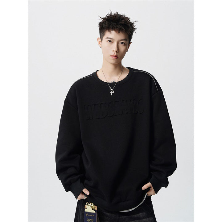 Cleanfit Letter Embossed Crewneck Sweatshirt Men Autumn Winter Trendy Brand Premium Heavyweight Loose Long Sleeve T-Shirt