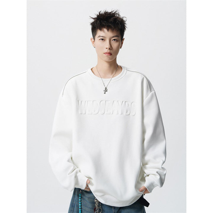 Cleanfit Letter Embossed Crewneck Sweatshirt Men Autumn Winter Trendy Brand Premium Heavyweight Loose Long Sleeve T-Shirt
