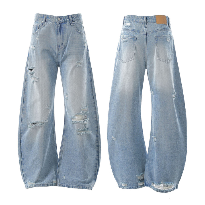Washed Blue Premium Distressed Design Loose Tapered Jeans for Men